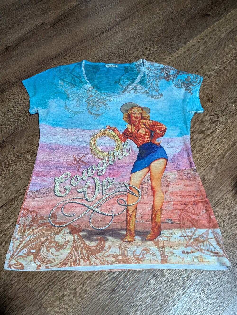 Cowgirl Up Graphic Rhinestone T-Shirt XL